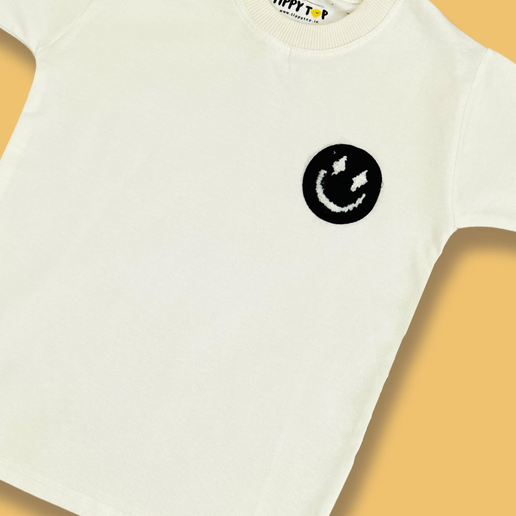 White Cotton T-Shirt with Smiley Patch