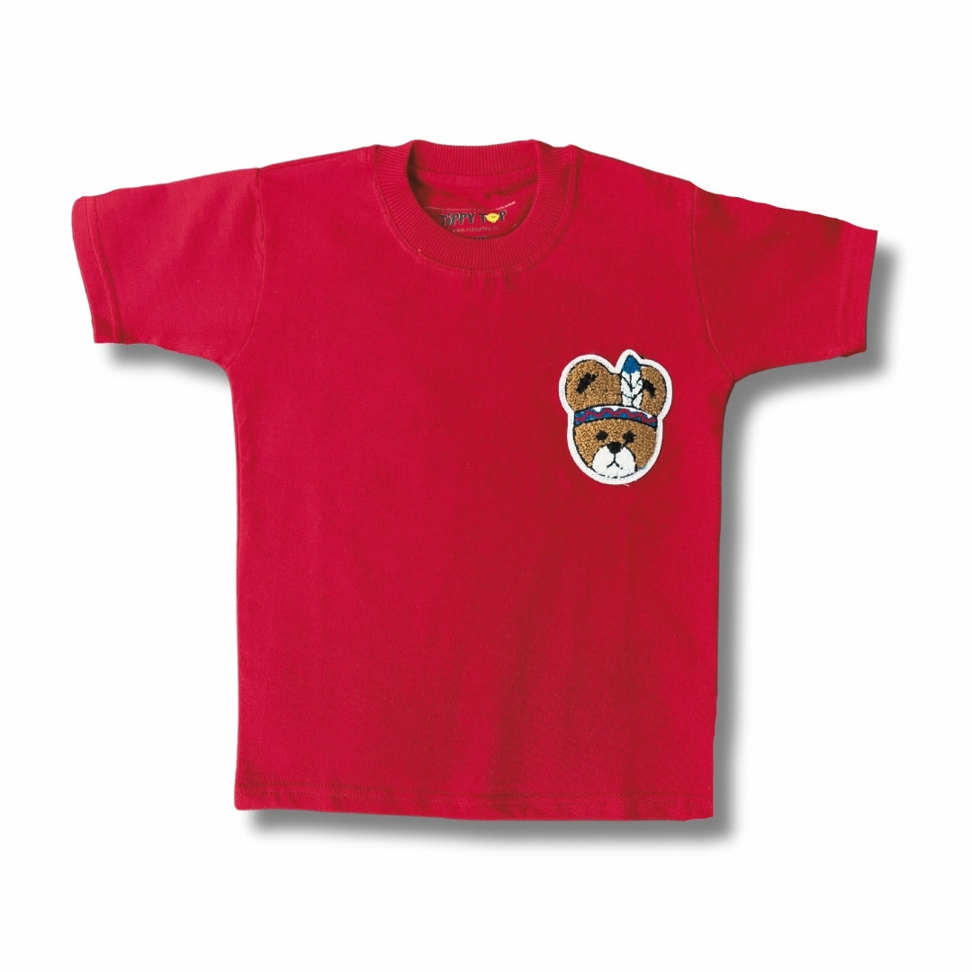 Kids Red Cotton T-Shirt with Teddy Patch Motif