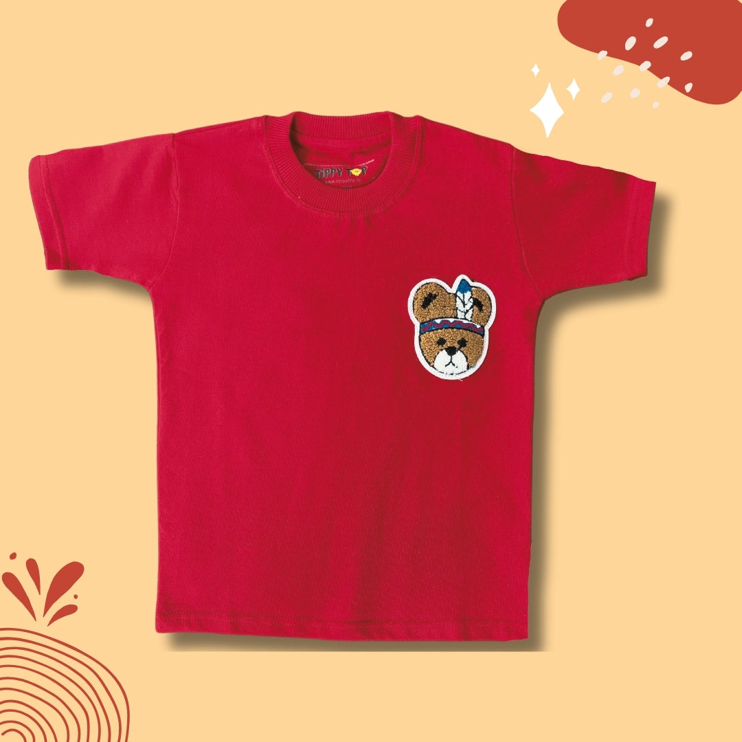 Kids Red Cotton T-Shirt with Teddy Patch Motif