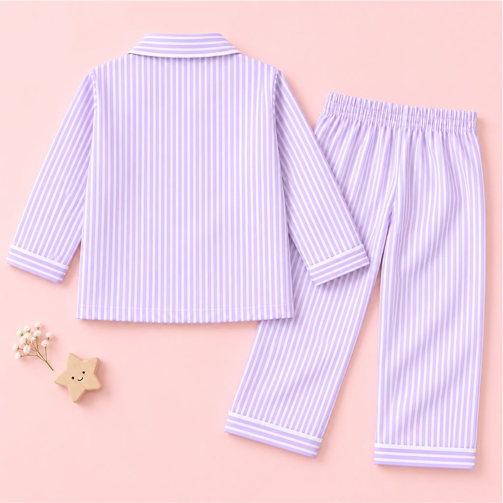 Kids Lavender Striped Cotton Night Suit with Counting Sheep Patch
