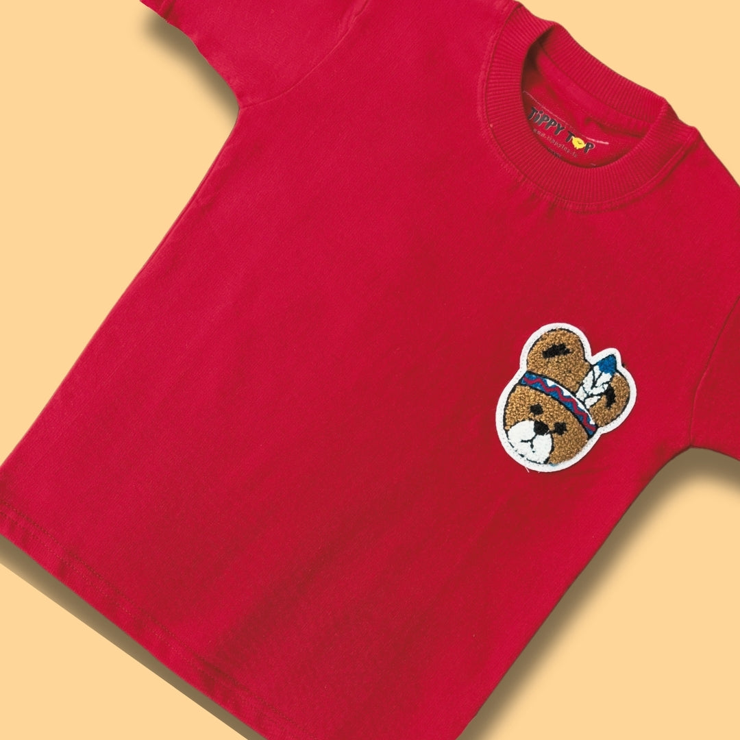 Kids Red Cotton T-Shirt with Teddy Patch Motif