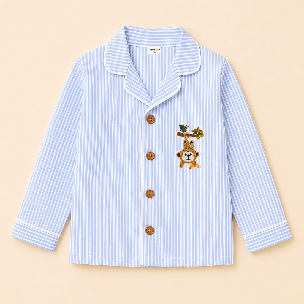 Kids striped monkey patch night suit – child wearing front view