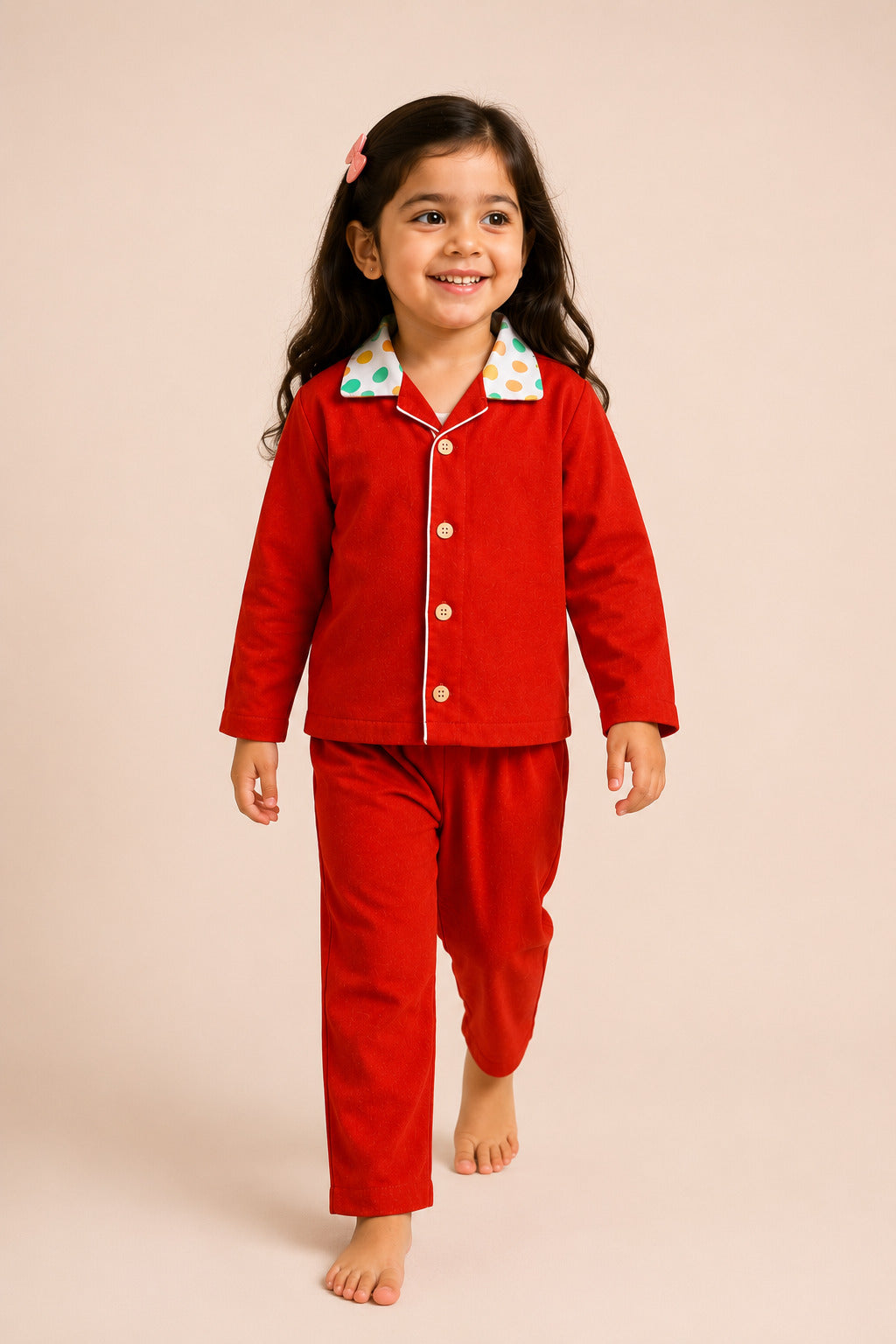 Kids Red Cotton Night Suit with Polka Dot Collar