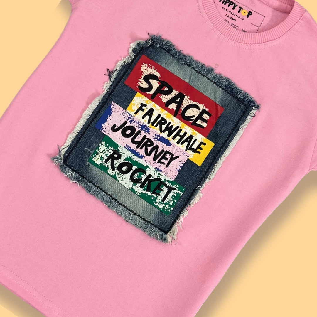 Kids Pink Cotton T-Shirt with Denim Patch | Space Rocket Graphic Tee