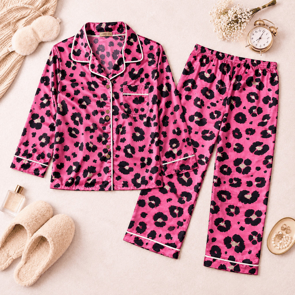 Girls pink leopard print satin night suit set – soft sleepwear for kids