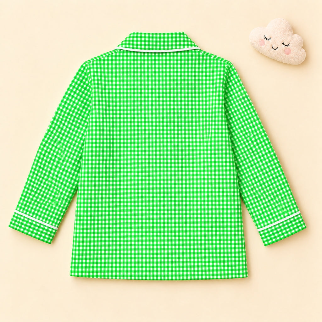 Cotton Full Sleeves Unicorn Sticker Green Ghingham Shirt & Pajama Nightsuit Set for Kids