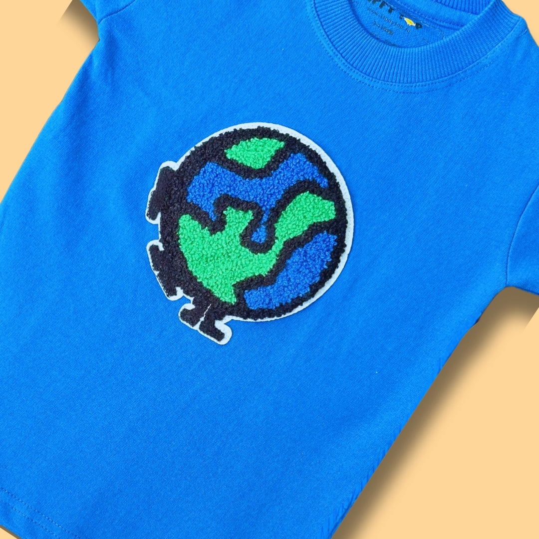 Blue Cotton T-Shirt Earth Patch