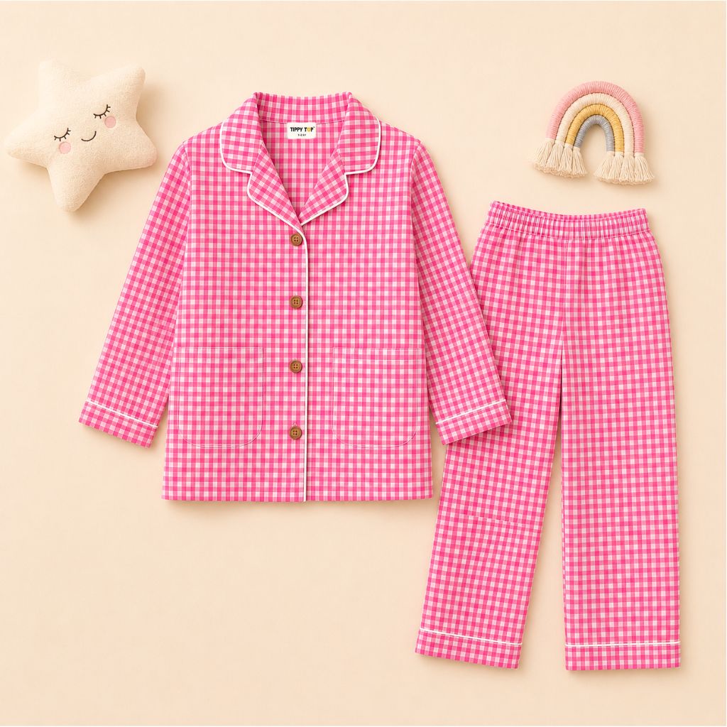 Pure Cotton Pink Gingham Night Suit for Girls | Full Sleeve Kids Pajama Set with Pockets
