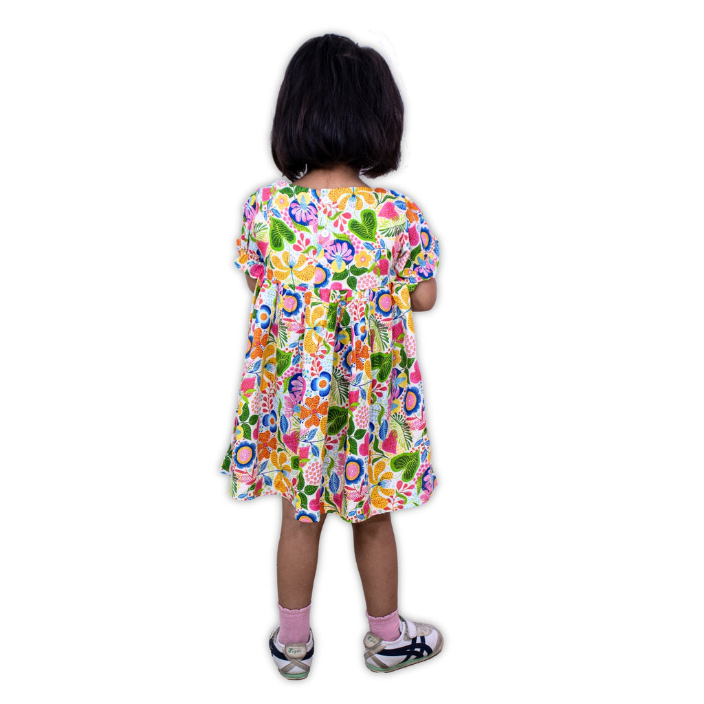 Girls Multicolor Floral Puff Sleeve Dress — Casual / Party Wear