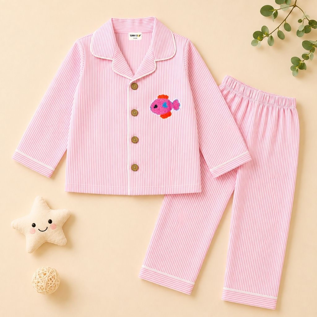 Girls pink striped fish patch night suit – flat lay product view
