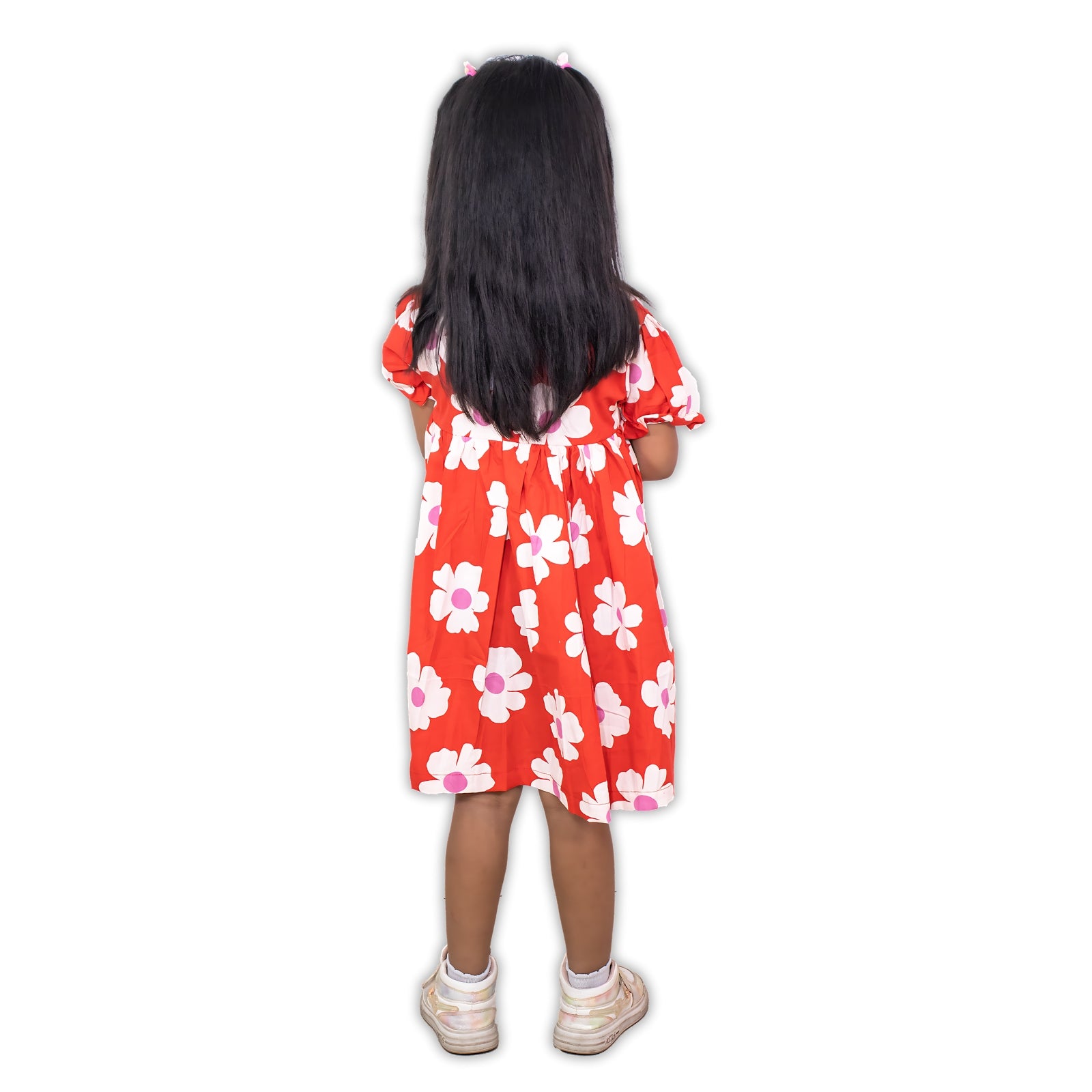 Girls Red Floral Dress -  Puff-Sleeve Cotton Party