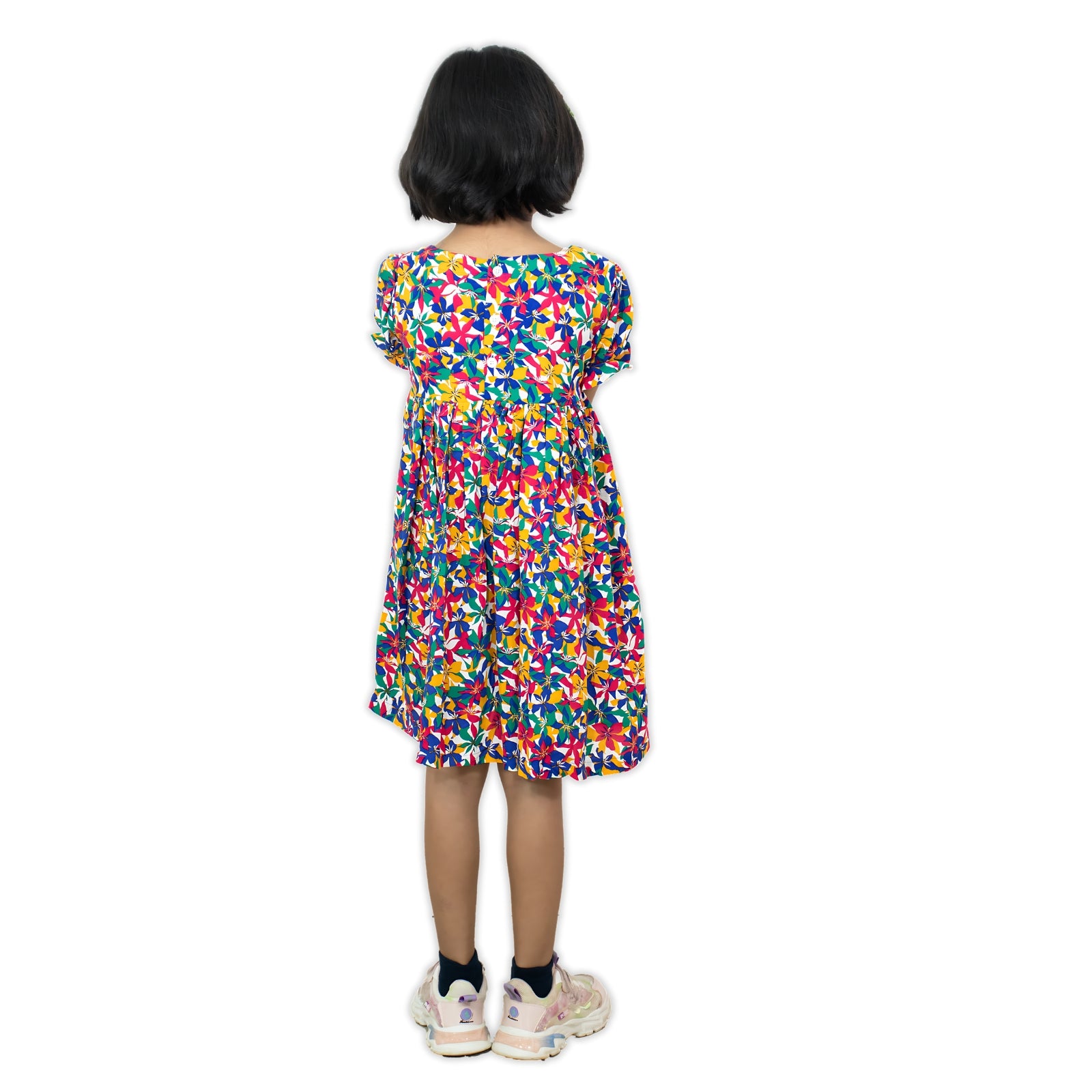Girls Multicolor Floral Print Dress — Short Puff Sleeve Party Dress