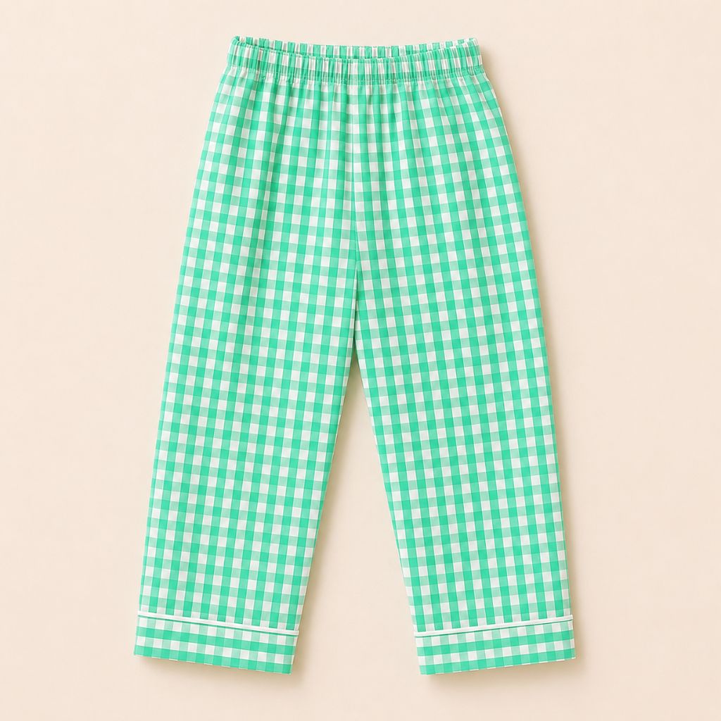 Kids Pure Cotton Night Suit | Green Gingham Checks Full Sleeve Shirt & Pyjama Set