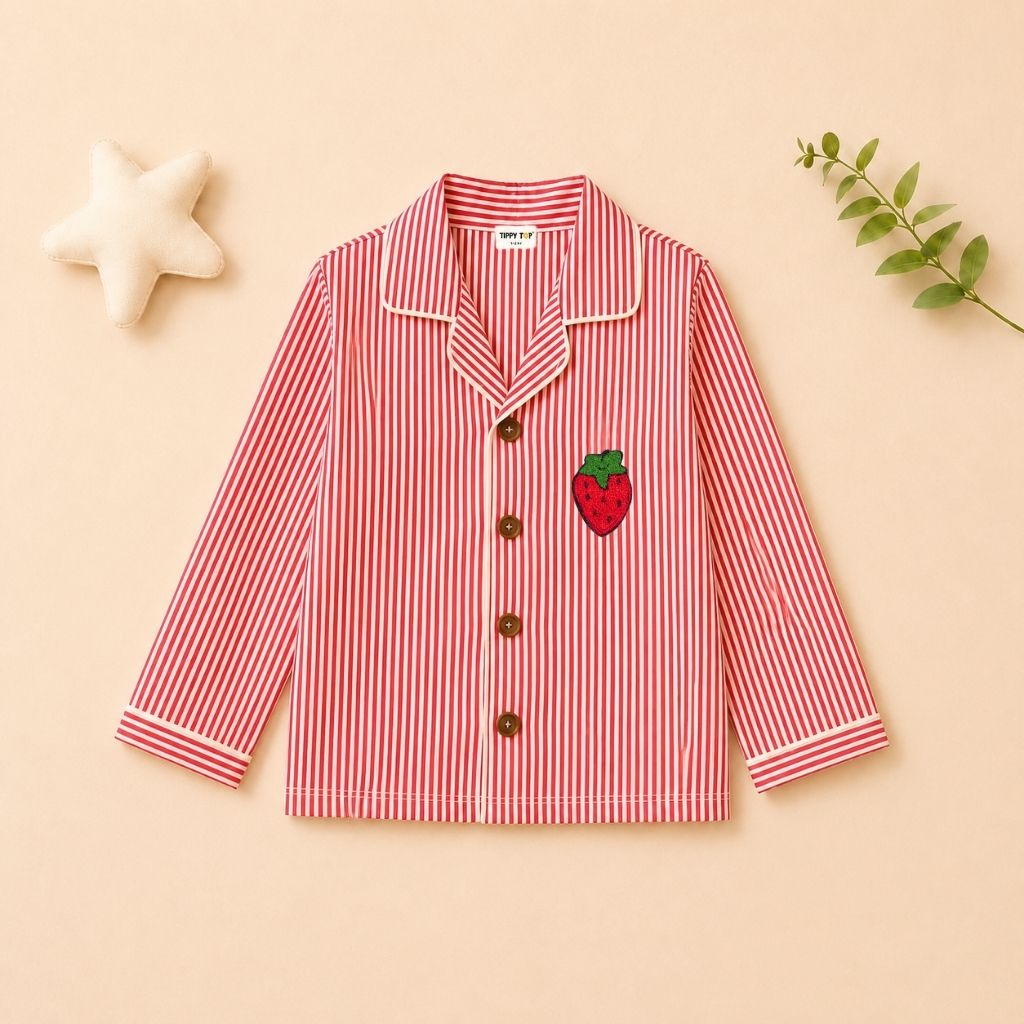 Cotton Full Sleeves Strawberry Patch Striped Shirt & Pajama Nightsuit Set for Girls