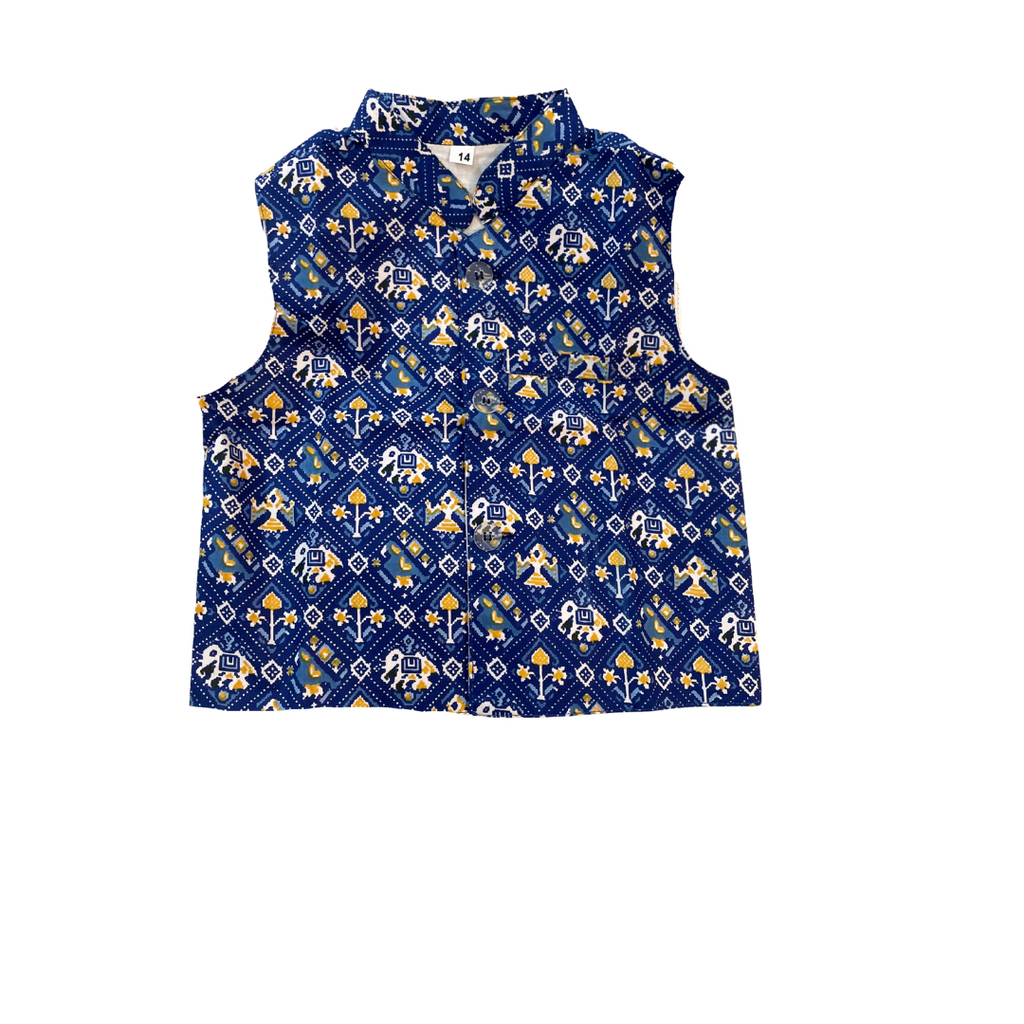 Blue Cotton Printed Nehru Jacket Kurta Set