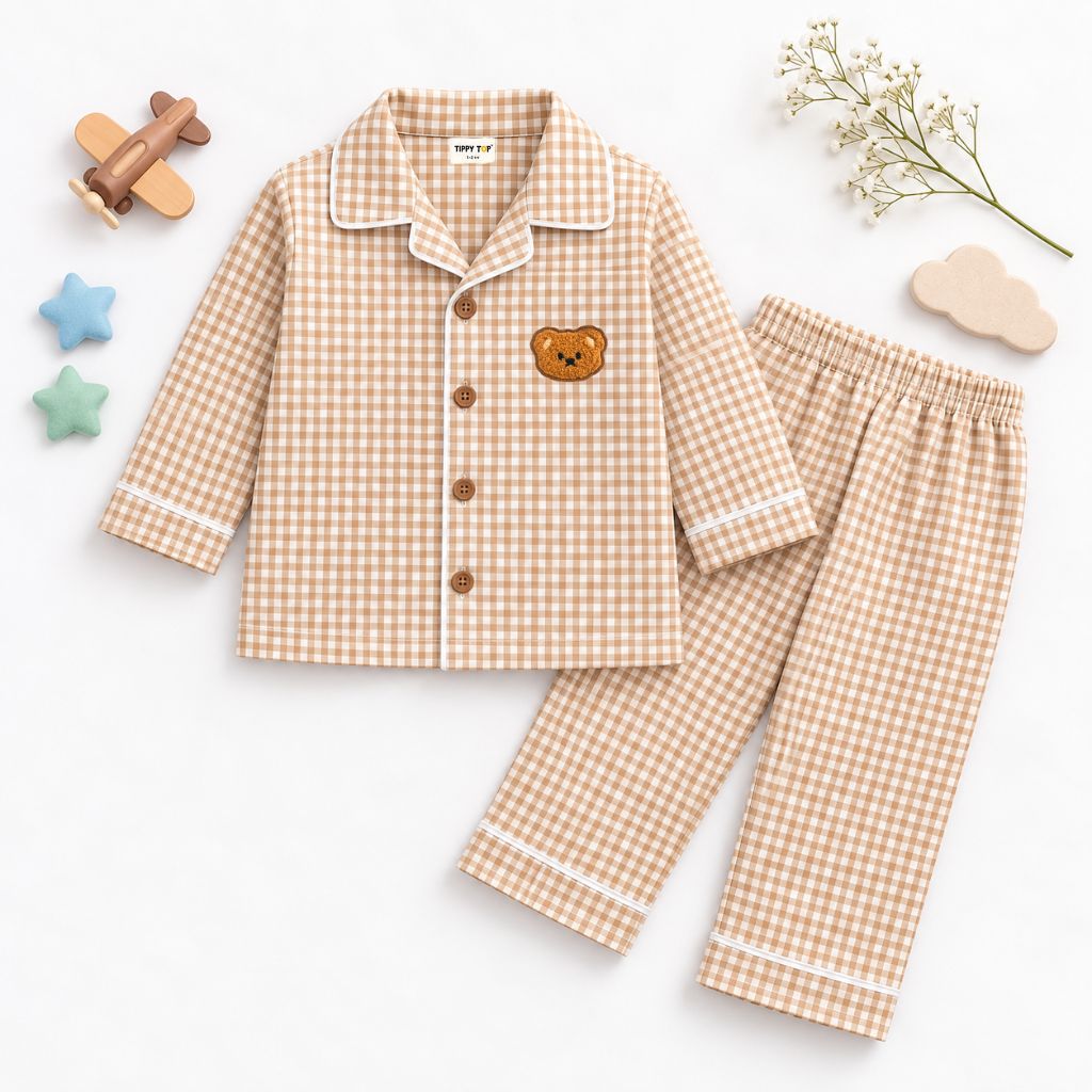 Cotton Full Sleeves Teddy Patch Beige Ghingham Shirt & Pajama Nightsuit Set for Kids