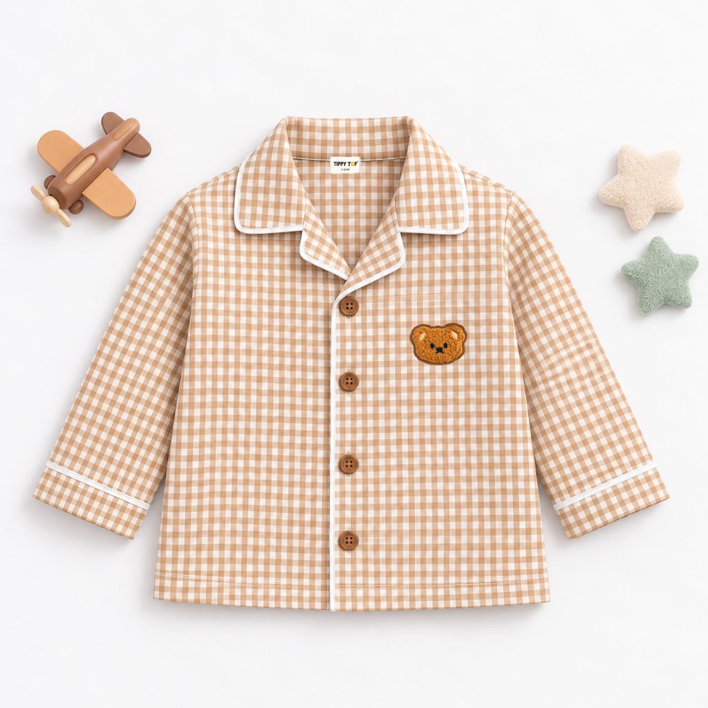 Cotton Full Sleeves Teddy Patch Beige Ghingham Shirt & Pajama Nightsuit Set for Kids