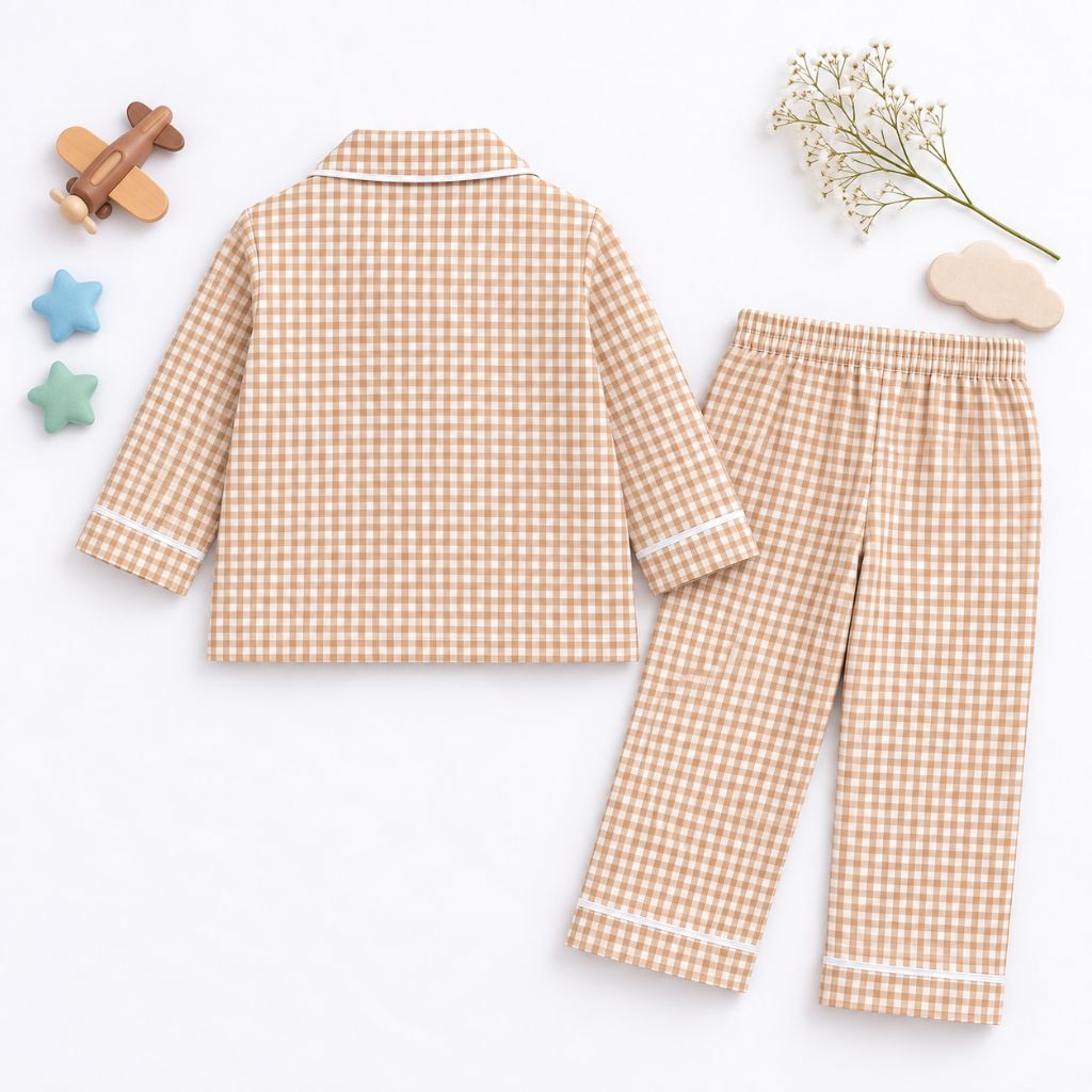 Cotton Full Sleeves Teddy Patch Beige Ghingham Shirt & Pajama Nightsuit Set for Kids