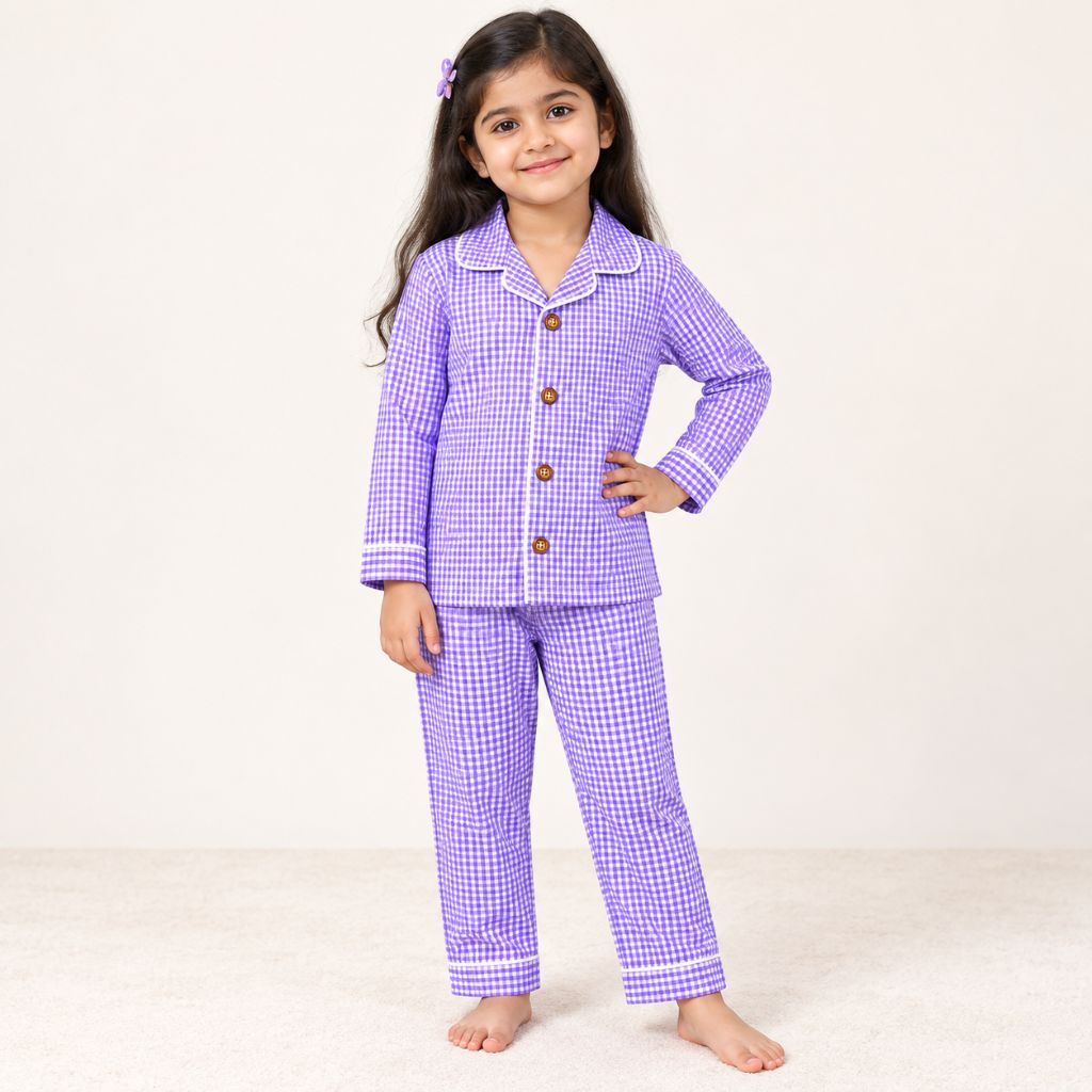 Girls Cotton Full Sleeves Purple Ghingham Shirt & Pajama Nightsuit Set