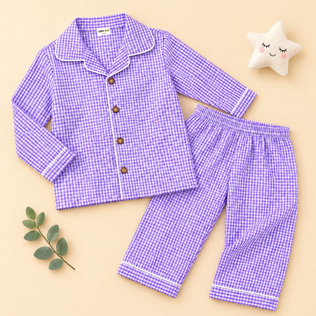 Girls Cotton Full Sleeves Purple Ghingham Shirt & Pajama Nightsuit Set