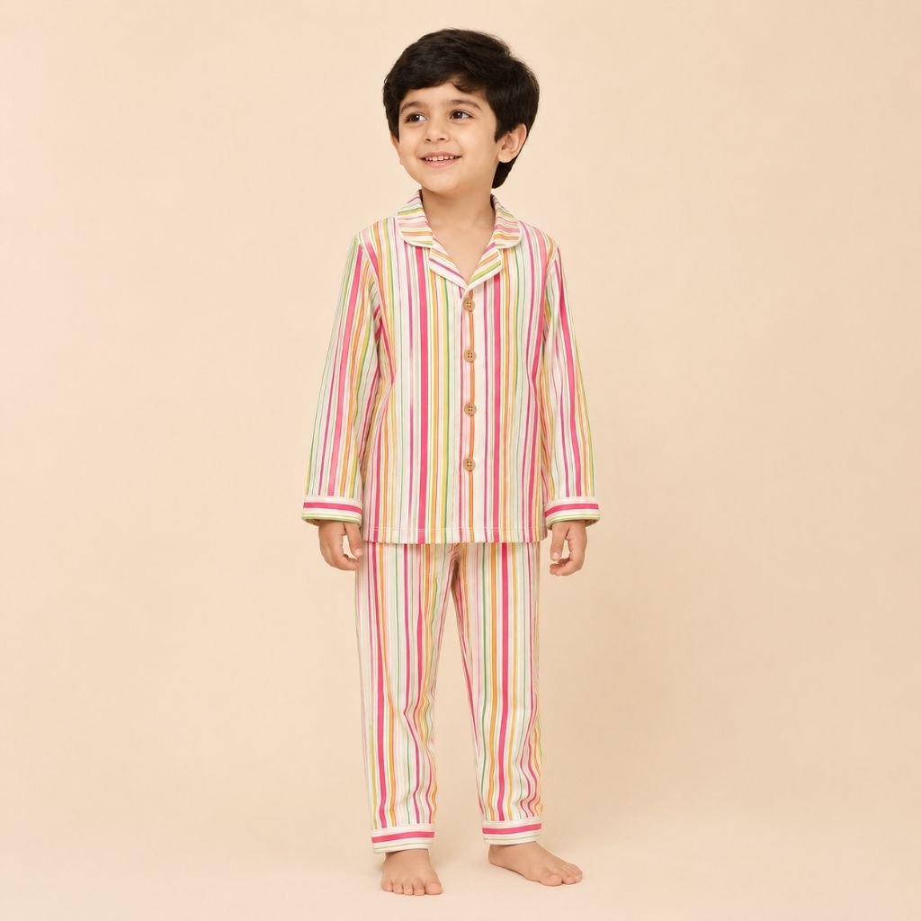 Cotton Woven Full Sleeves Multi Stripe Coordinating Shirt & Pajama Nightsuit Set for Kids