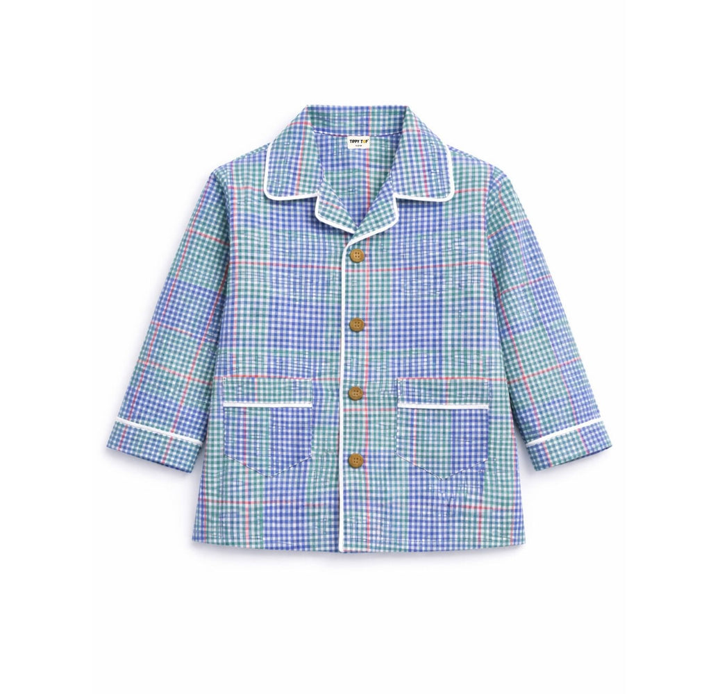 Kids checkered front open night suit – flat lay product view