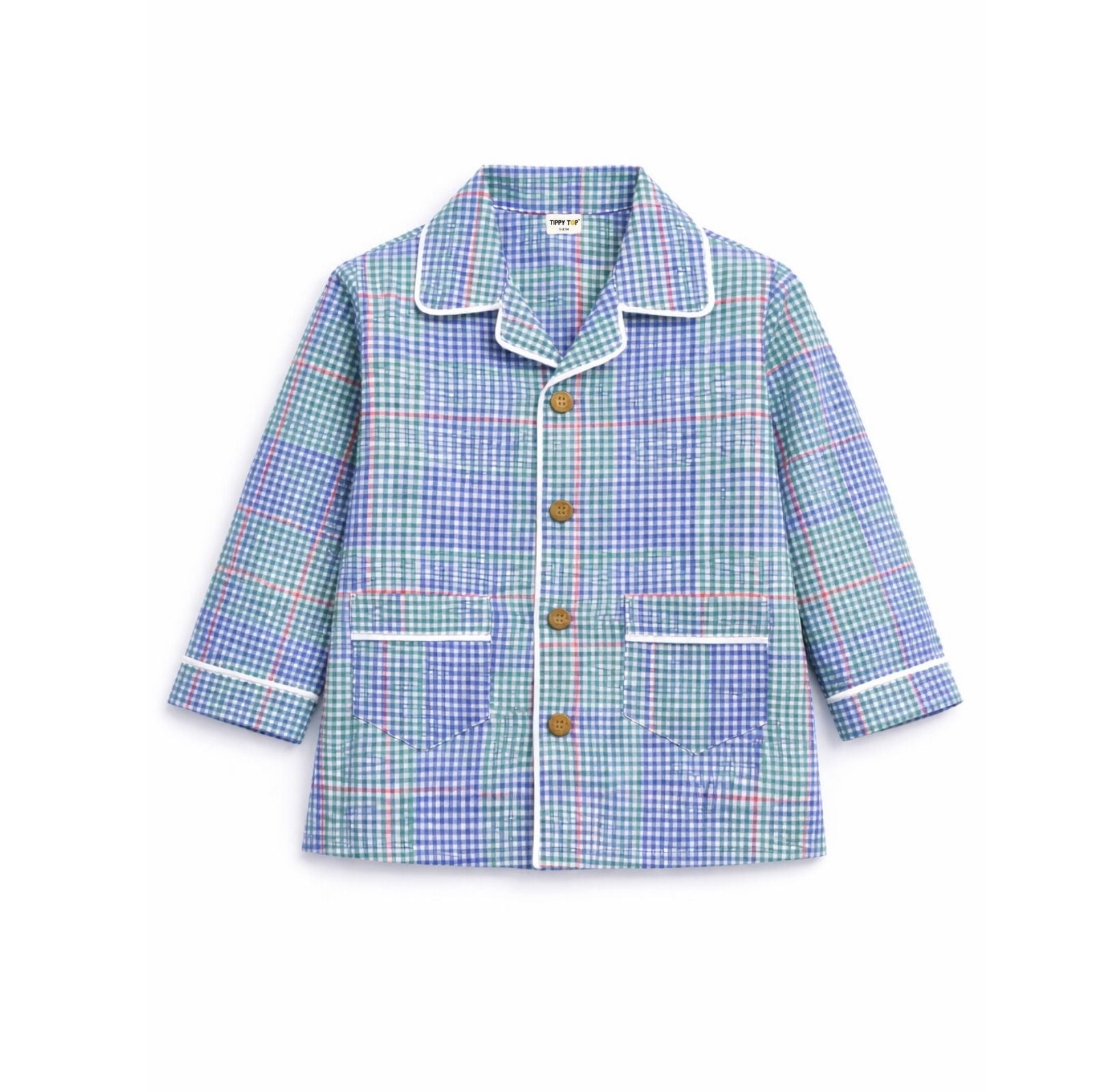 Kids checkered front open night suit – flat lay product view