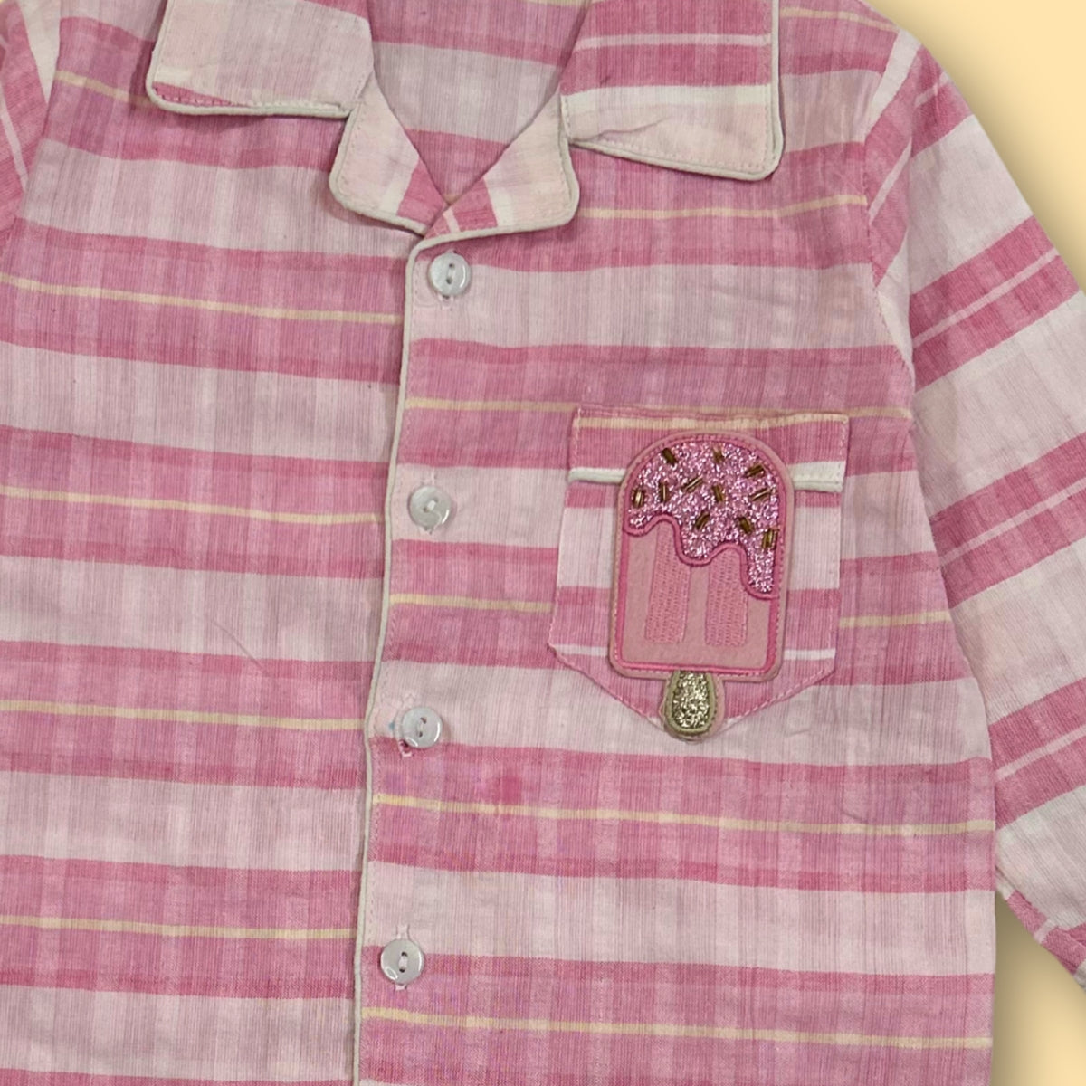 Cotton Pajama Set – Pink Striped Nightsuit with Ice Cream Patch