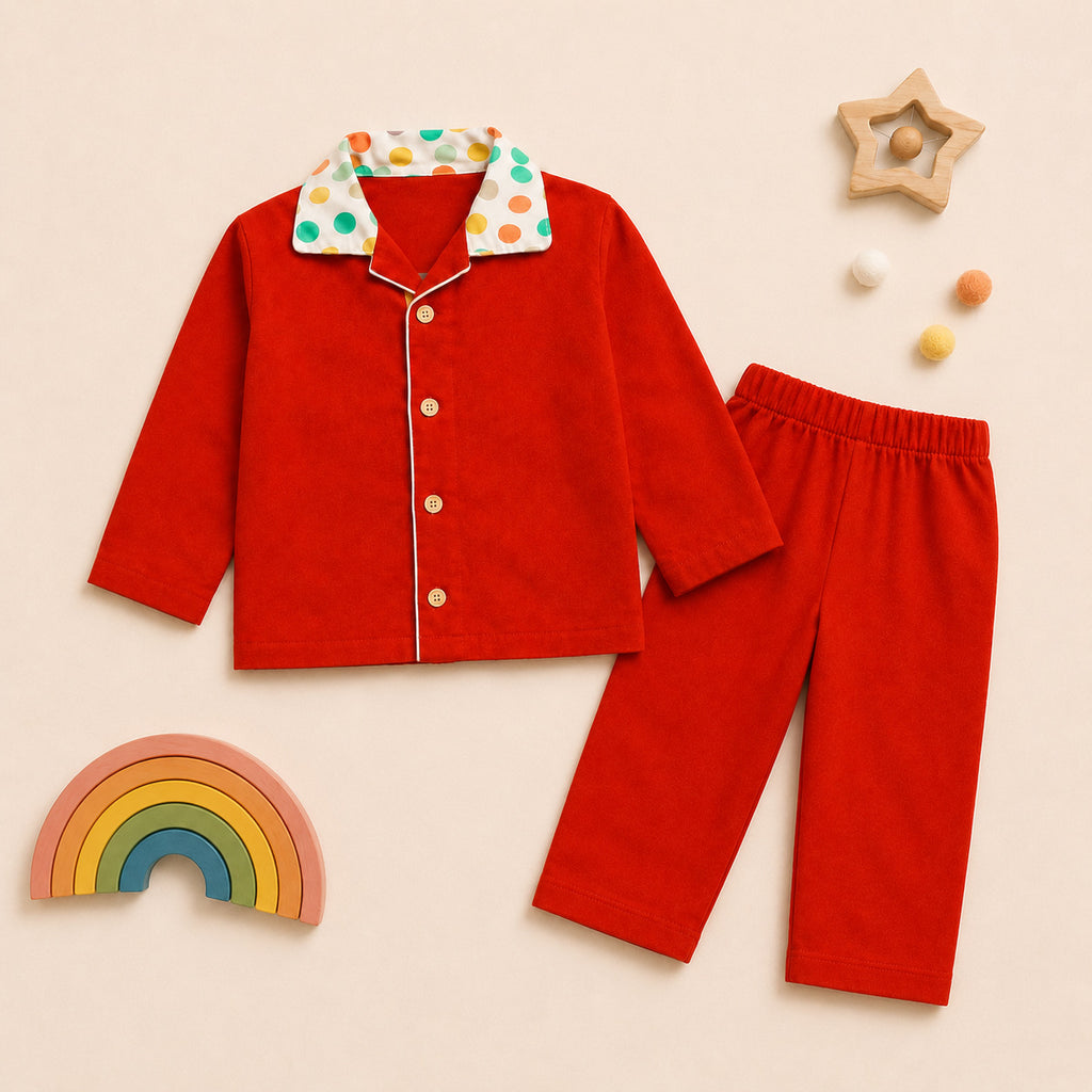 Kids Red Cotton Night Suit with Polka Dot Collar