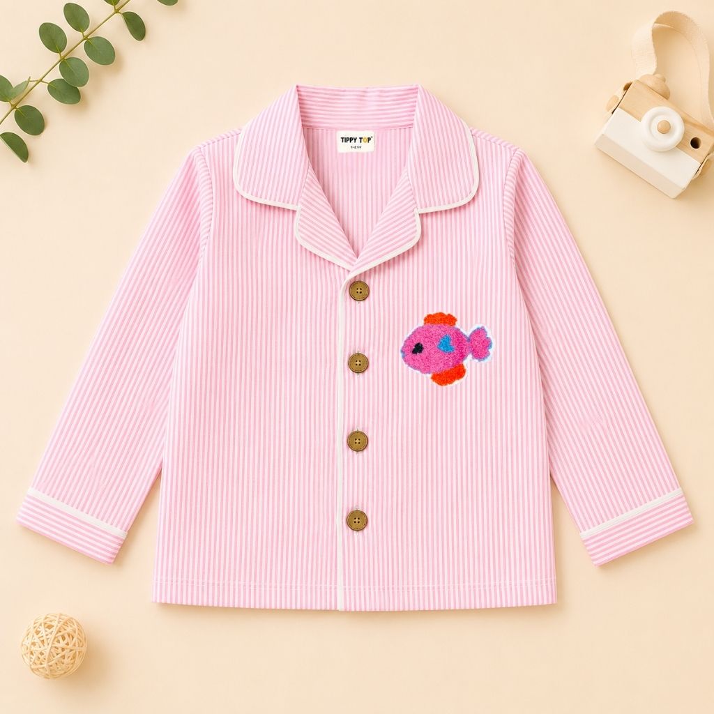 Girls pink striped fish patch night suit – child wearing front view