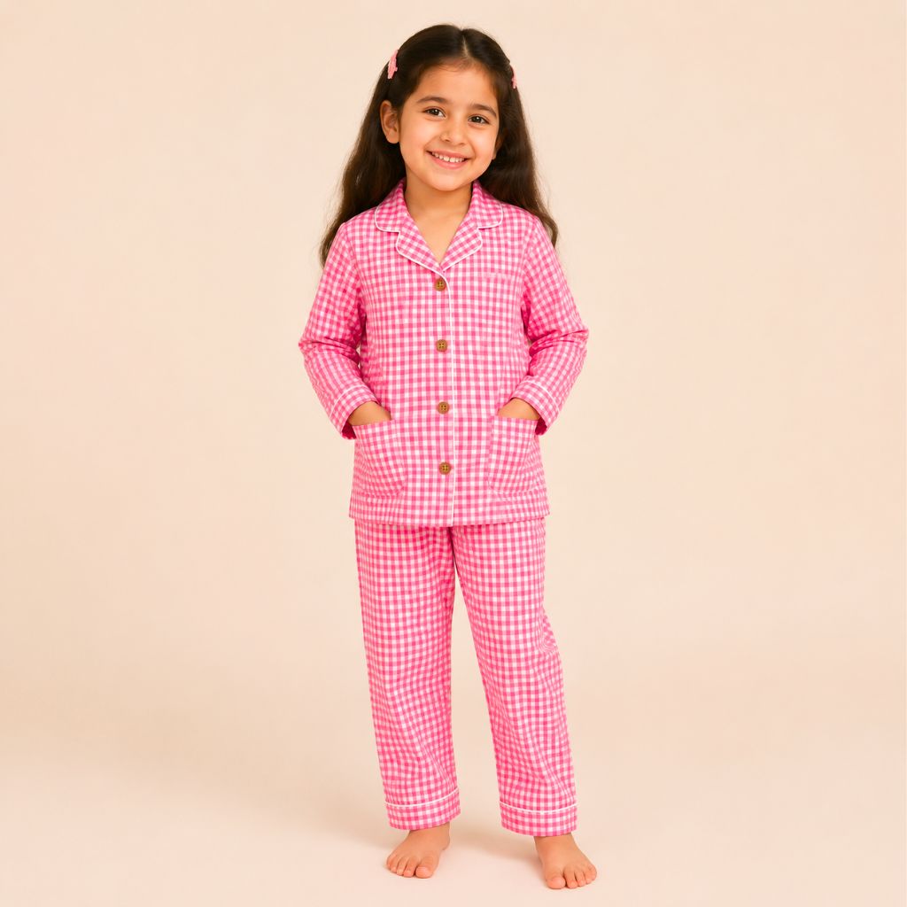 Pure Cotton Pink Gingham Night Suit for Girls | Full Sleeve Kids Pajama Set with Pockets