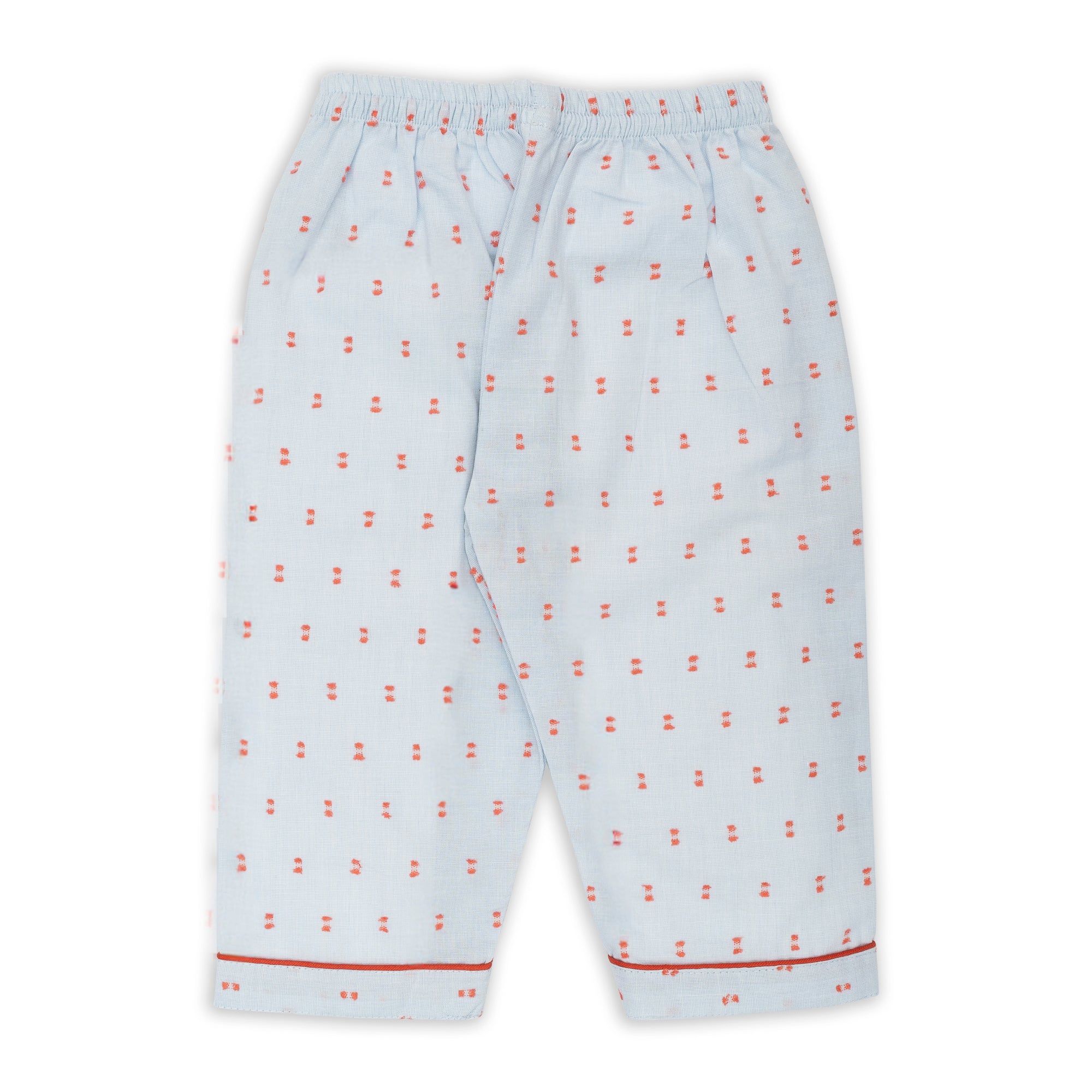 Light blue pants with small red patterns on a white background