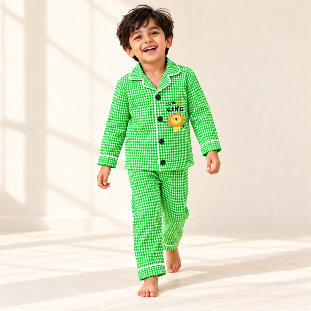 Cotton Full Sleeves Lion Sticker Green Ghingham Shirt & Pajama Nightsuit Set for Kids
