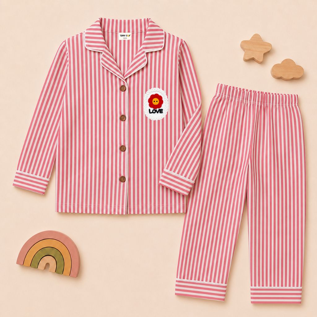 Kids Pure Cotton Night Suit | Red Vertical Stripe Full Sleeve Shirt & Pyjama Set with Flower Patch