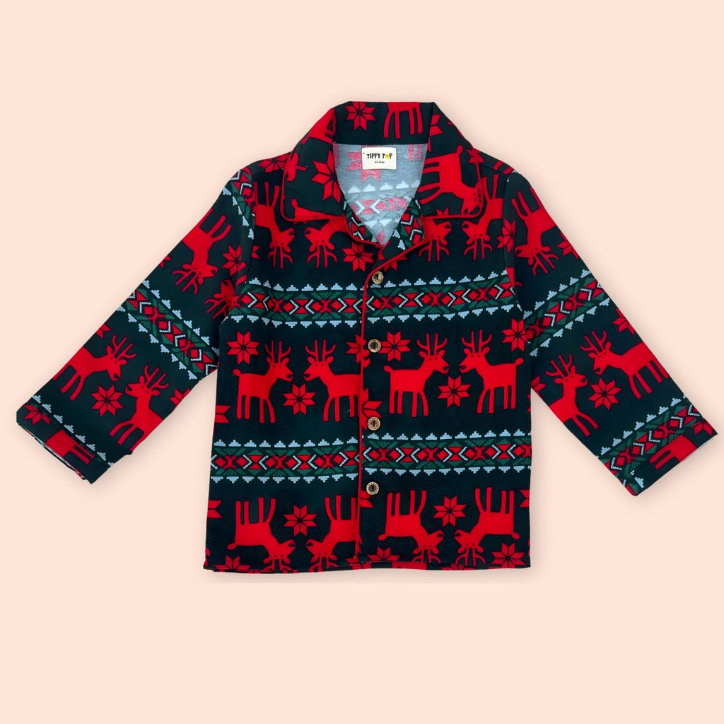 Winter Pajama Set – Red & Green Festive Reindeer Print Nightsuit