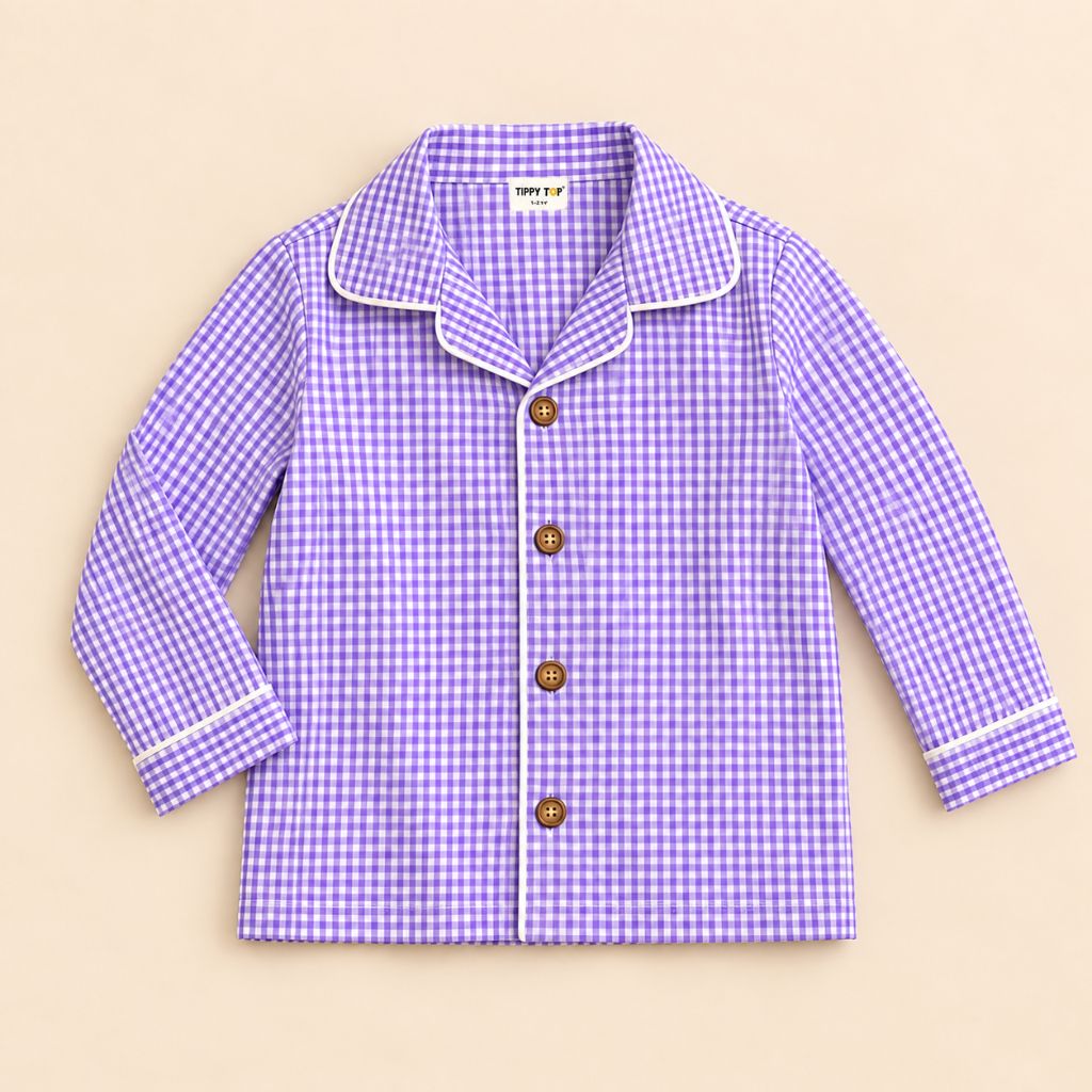 Girls Cotton Full Sleeves Purple Ghingham Shirt & Pajama Nightsuit Set