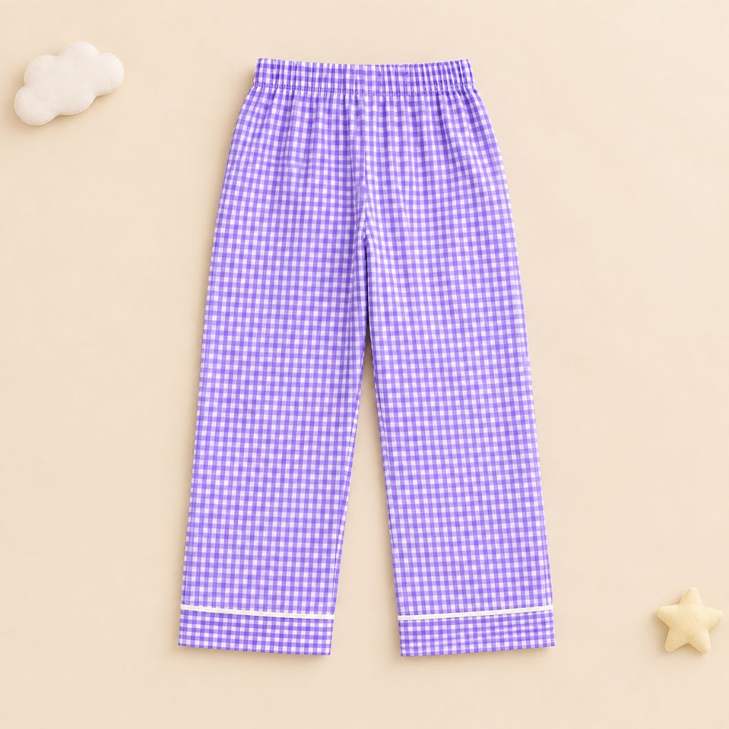 Girls Cotton Full Sleeves Purple Ghingham Shirt & Pajama Nightsuit Set