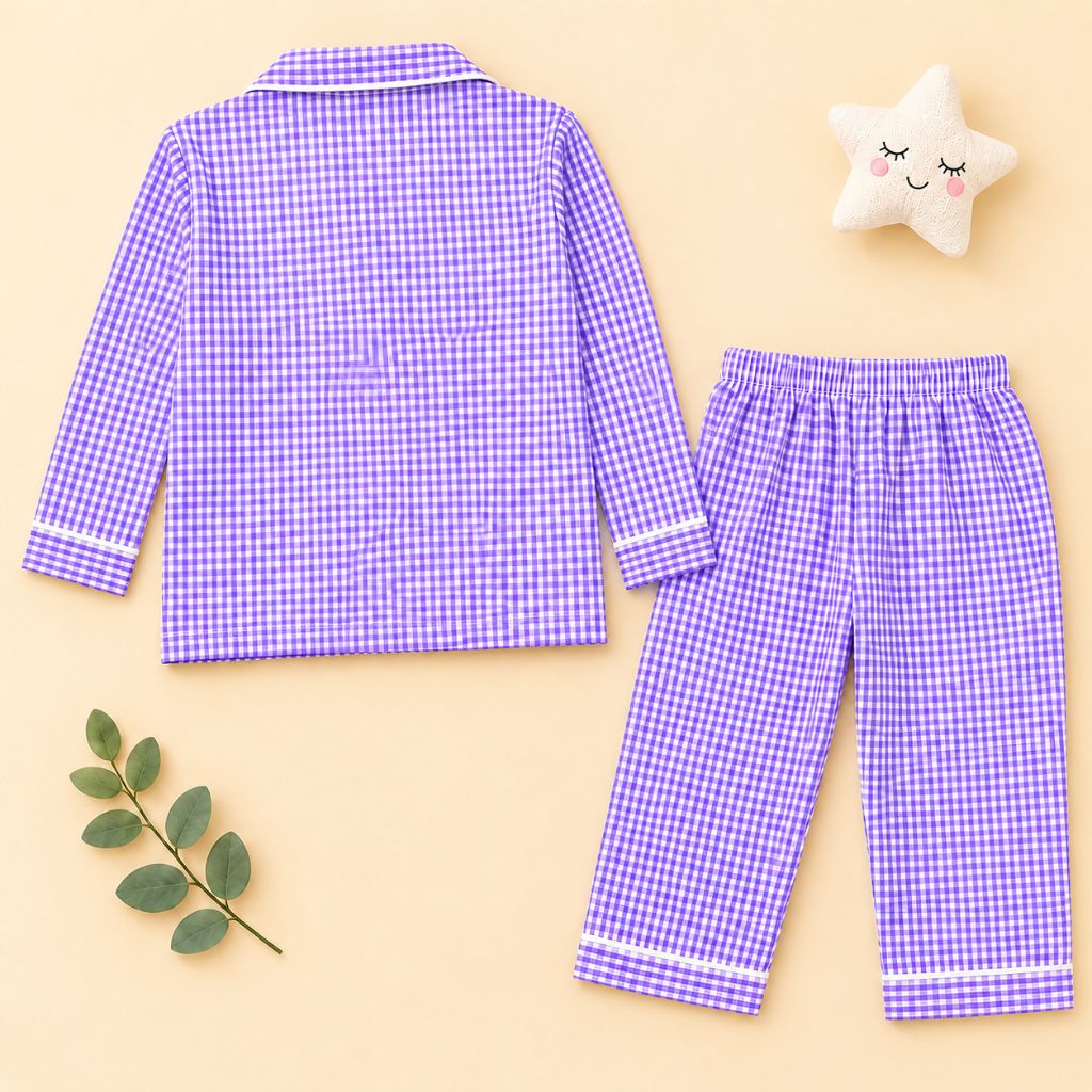 Girls Cotton Full Sleeves Purple Ghingham Shirt & Pajama Nightsuit Set