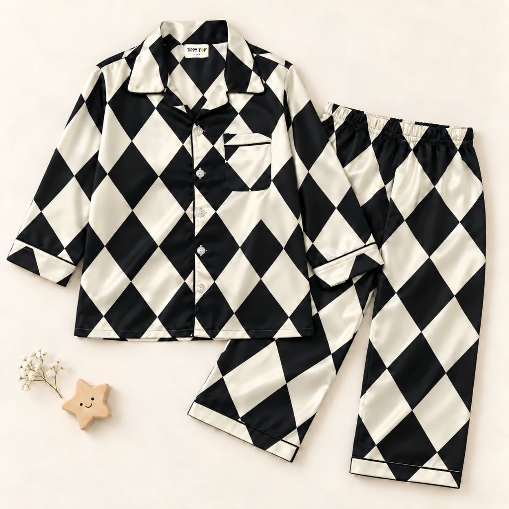 Satin Full Sleeves Geometric Argyle Print Coordinating Shirt & Pajama Nightsuit Set for Kids