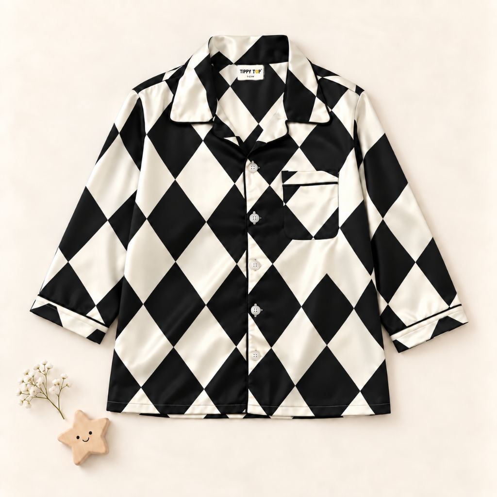 Satin Full Sleeves Geometric Argyle Print Coordinating Shirt & Pajama Nightsuit Set for Kids