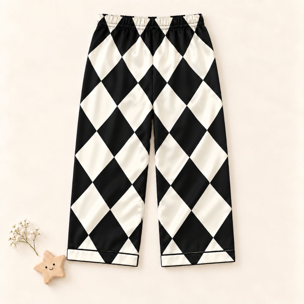 Satin Full Sleeves Geometric Argyle Print Coordinating Shirt & Pajama Nightsuit Set for Kids