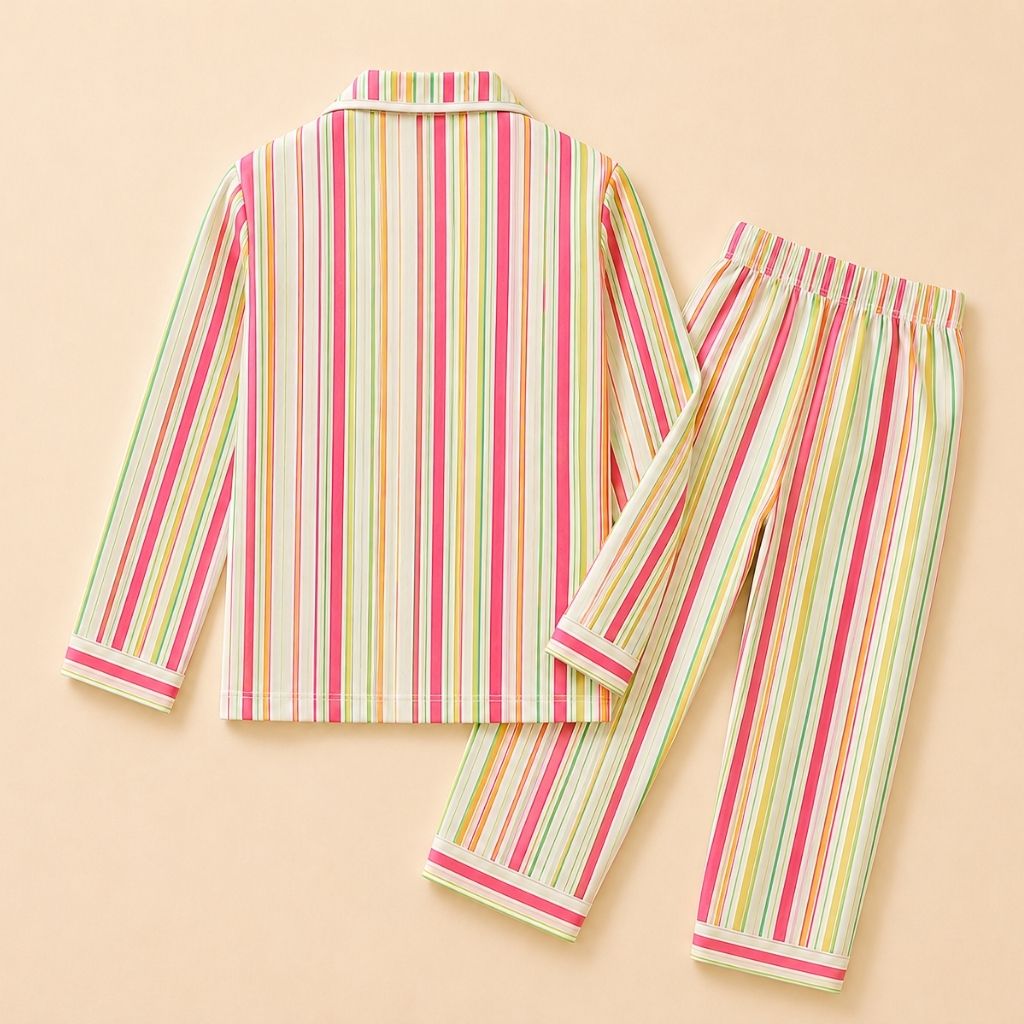 Cotton Woven Full Sleeves Multi Stripe Coordinating Shirt & Pajama Nightsuit Set for Kids