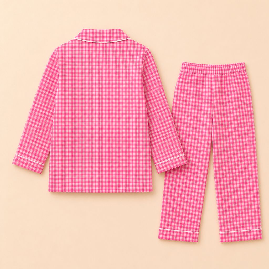 Pure Cotton Pink Gingham Night Suit for Girls | Full Sleeve Kids Pajama Set with Pockets