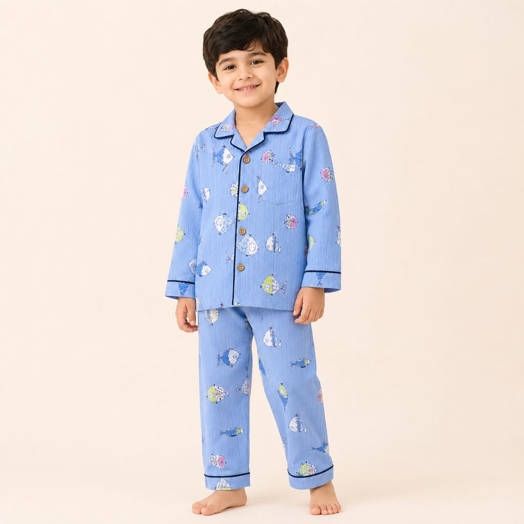 Kids Pure Cotton Fish Print Night Suit Set | Full Sleeve