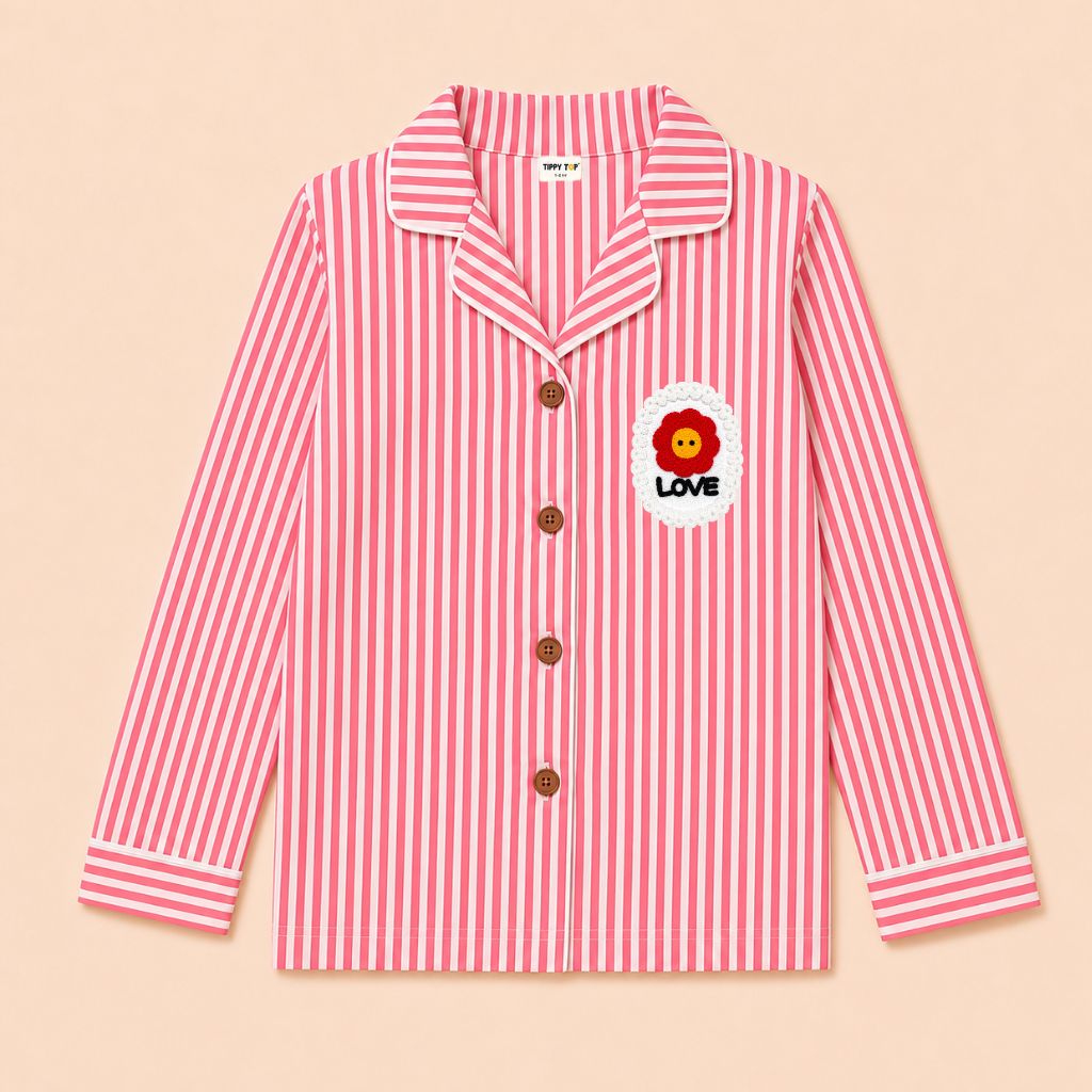 Kids Pure Cotton Night Suit | Red Vertical Stripe Full Sleeve Shirt & Pyjama Set with Flower Patch