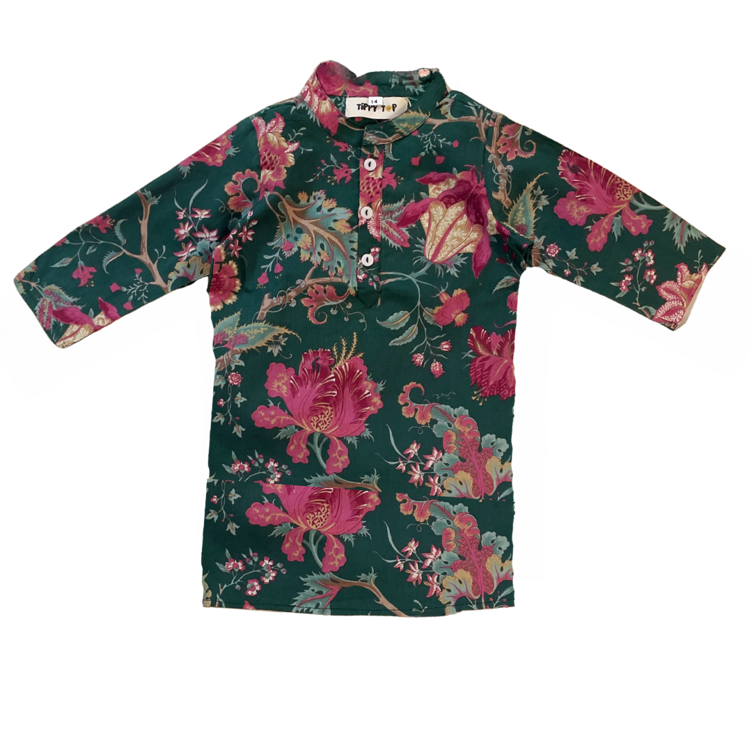 Green Cotton Floral Kurta Jacket Set