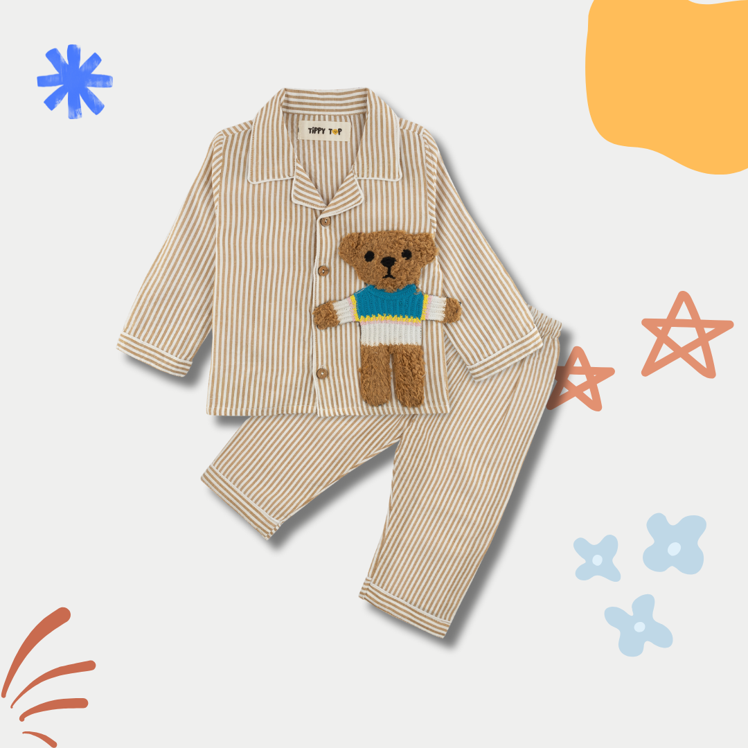 Beige Cotton Striped Teddy Patch Nightsuit Set