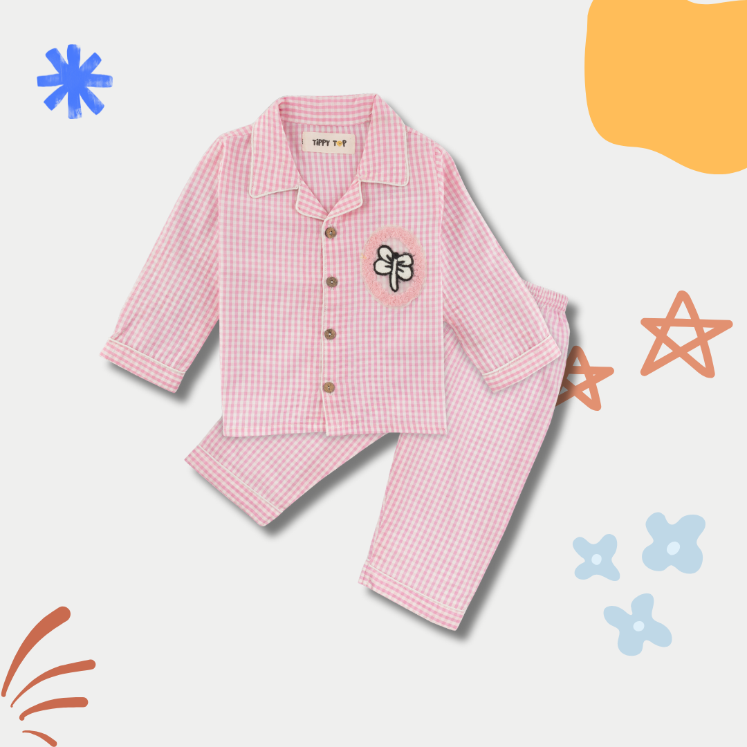 Pink Butterfly Checked Cotton PJ Set – Full‑Sleeved Nightsuit for Little Dreamers