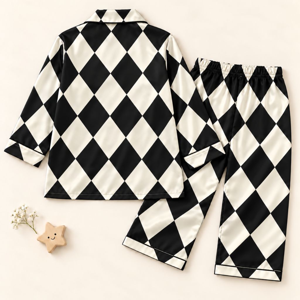 Satin Full Sleeves Geometric Argyle Print Coordinating Shirt & Pajama Nightsuit Set for Kids