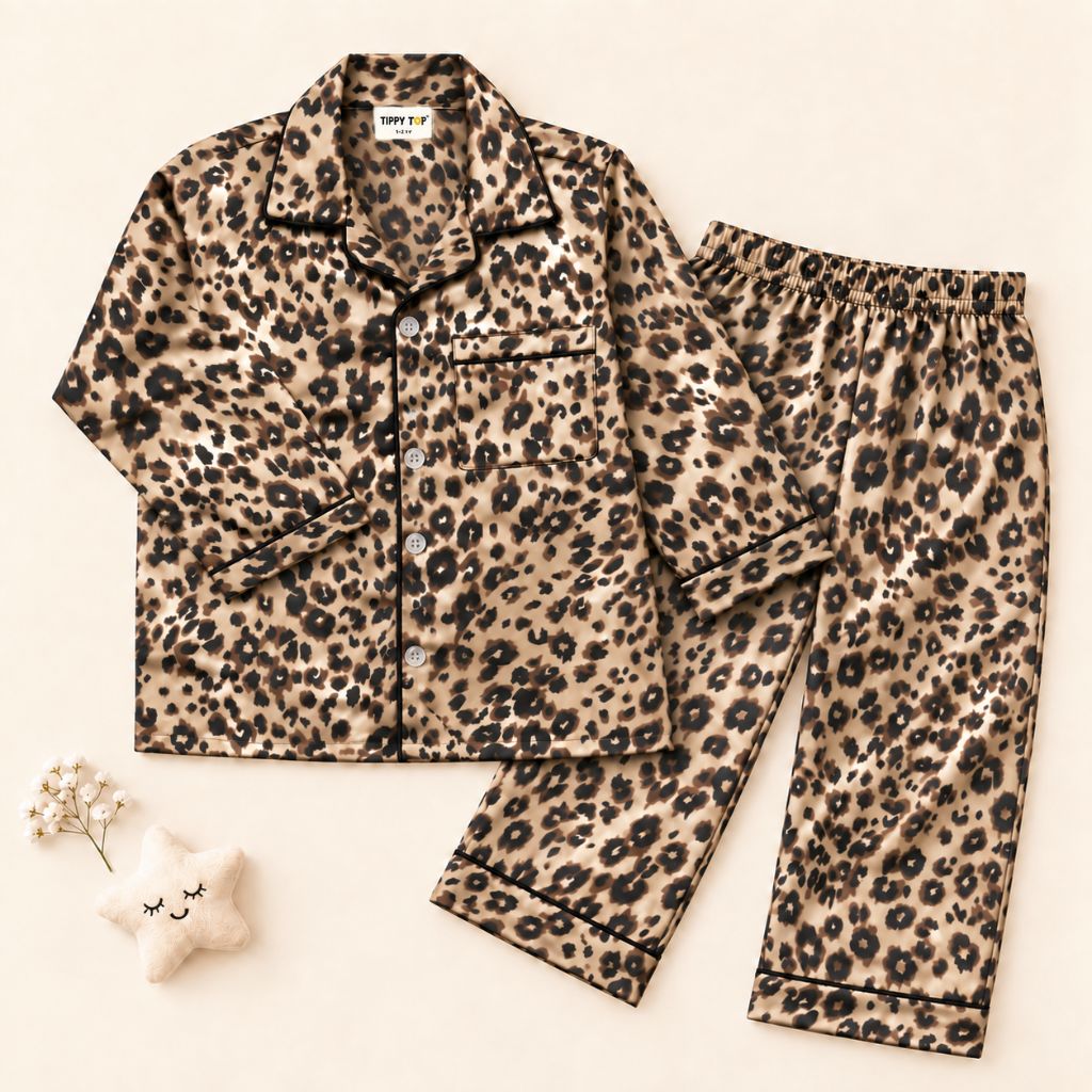 Satin Full Sleeves Leopard Print Coordinating Shirt & Pajama Nightsuit Set for Kids